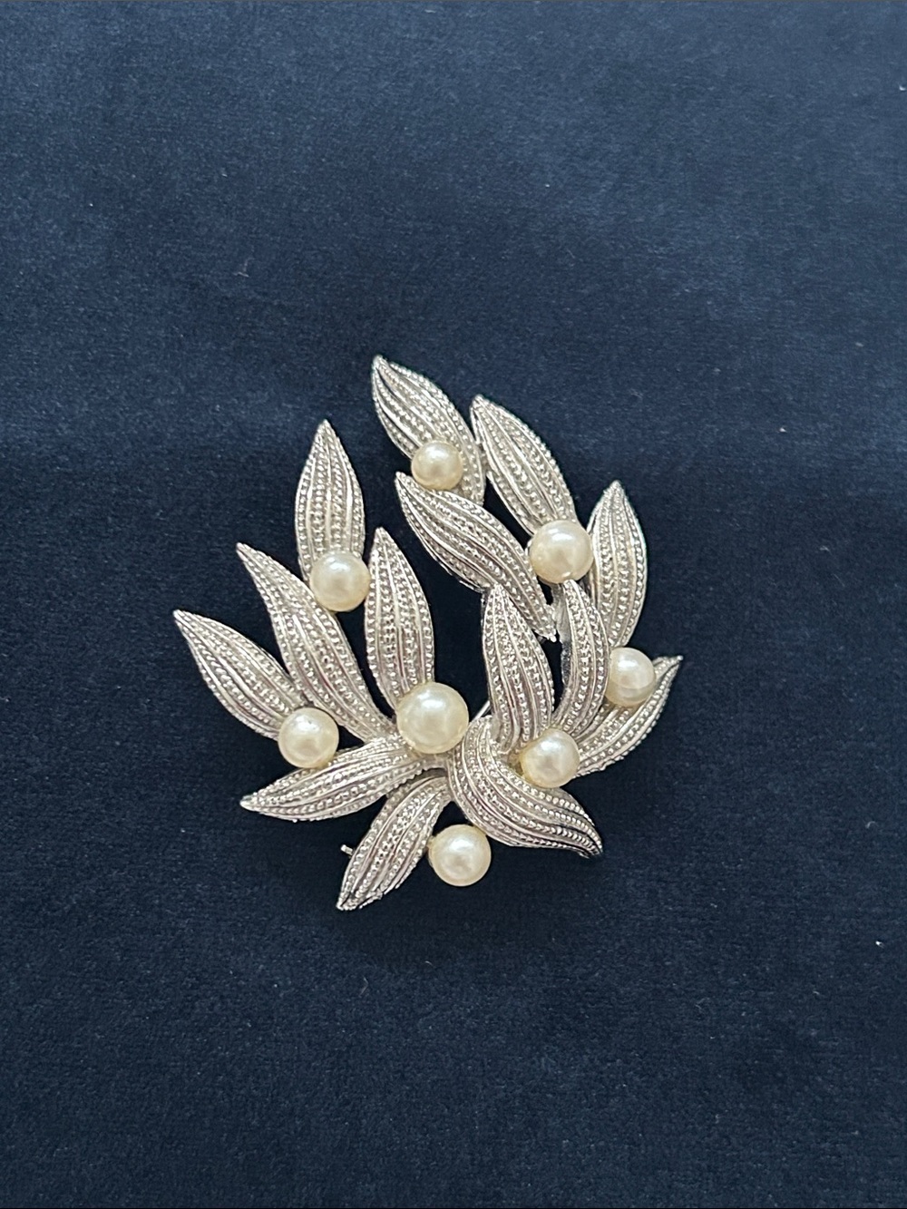 Crown Trifari Faux Pearl Leaf Brooch